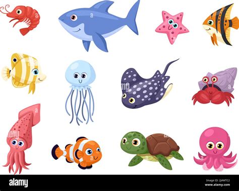 Sea life. Swimming ocean animal, stingray and shark. Cute cartoon octopus and turtle, funny ...