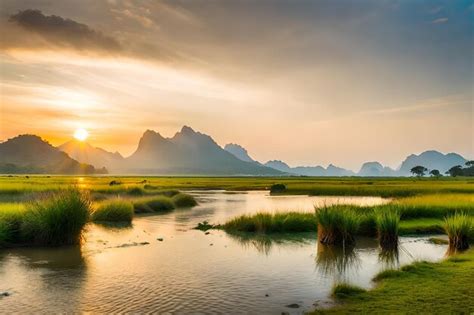 Premium AI Image | a sunset over a river with a mountain in the background