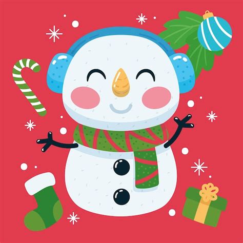 Lindo muñeco de nieve dibujos animados kawaii navidad decoración vector