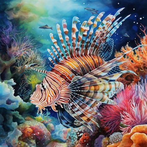 Premium AI Image Painting Of A Lionfish In A Coral Reef With Other