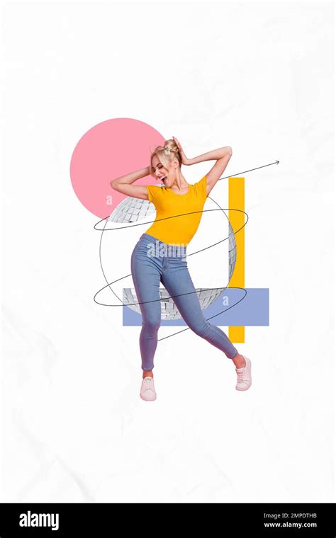 Vertical Collage Image Of Carefree Cheerful Girl Dancing Chilling Disco