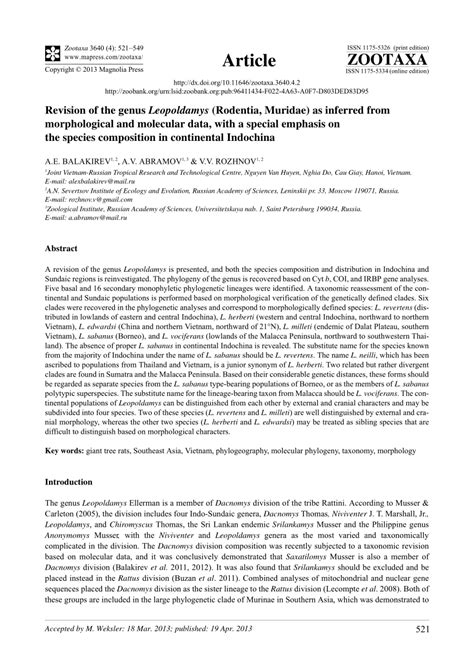 (PDF) Revision of the genus Leopoldamys (Rodentia, Muridae) as inferred from morphological and ...