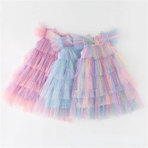 Girls Tulle Super Fairy Princess Dresses Fly Sleeve Rainbow Star