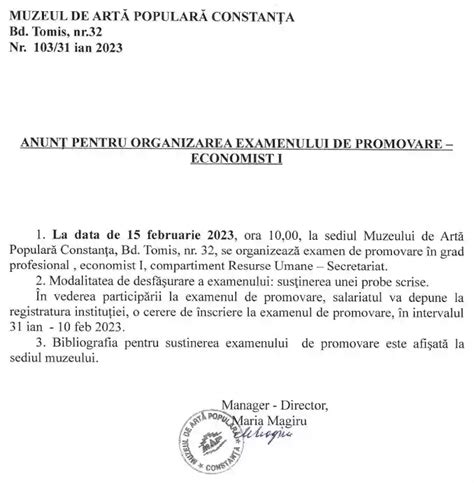 Anunt Pentru Organizarea Examenului De Promovare Economist I Muzeul