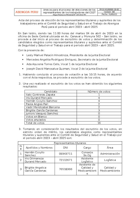 Acta del Proceso de Elección de Representantes CSST Abengoa Perú 2023