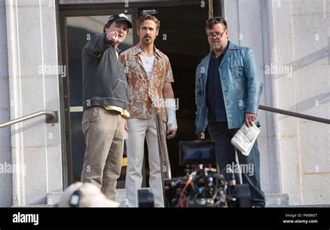 (L-r) Writer/director SHANE BLACK, RYAN GOSLING and RUSSELL CROWE on ...