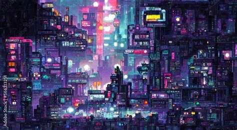 Cyberpunk neon city night. Futuristic city scene in a style of pixel ...