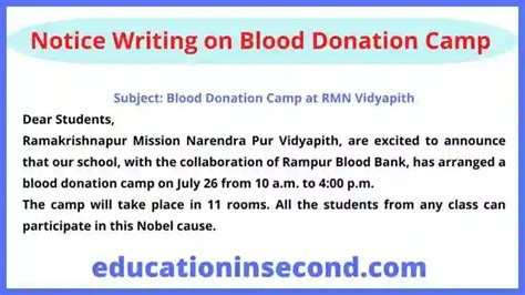 Notice Writing On Blood Donation Camp Education In Second