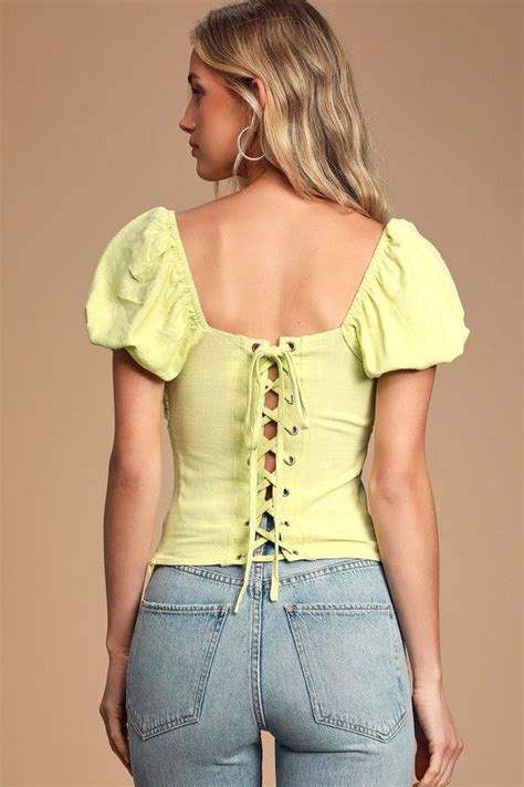 Molie Lime Green Lace Up Puff Sleeve Top Puff Sleeve Top Green Lace