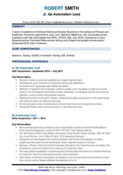 Qa Automation Lead Resume Samples Qwikresume