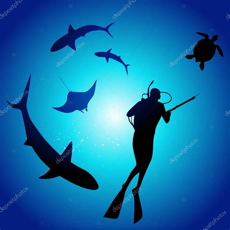 Shark And Diver Swimming With Sharks Stock Vector Lakalla 49110905