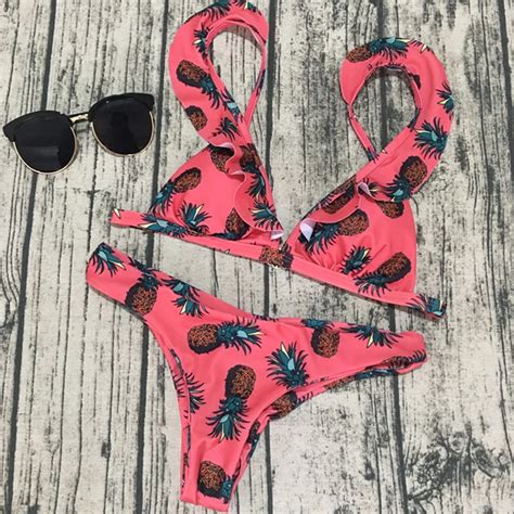 Two Piece Set Print Ruffles Bandage Strap Slim Sexy Women Beach Bikini