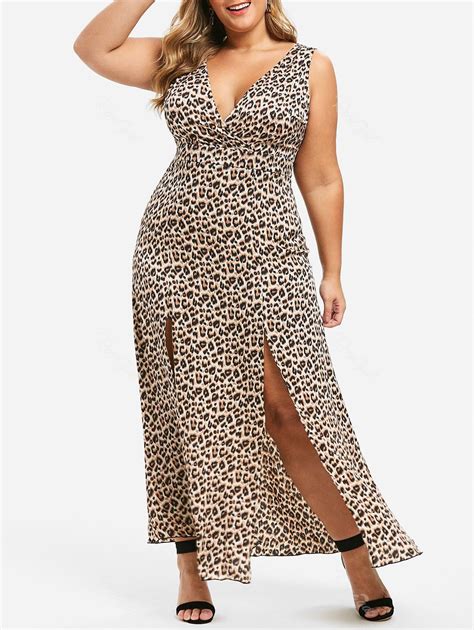 [57 Off] Plus Size Plunge High Slit Leopard Print Maxi Dress Rosegal