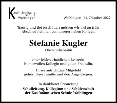 Traueranzeigen Von Stefanie Kugler Stuttgart Gedenkt De