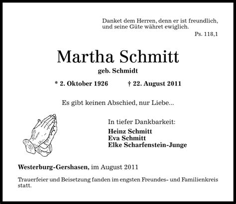 Traueranzeigen Von Martha Schmitt Rz Trauer De