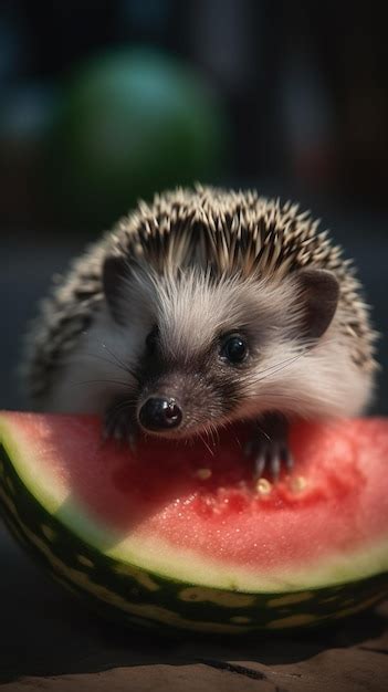 Premium Photo | Hedgehog eating a watermelon with a black nose.