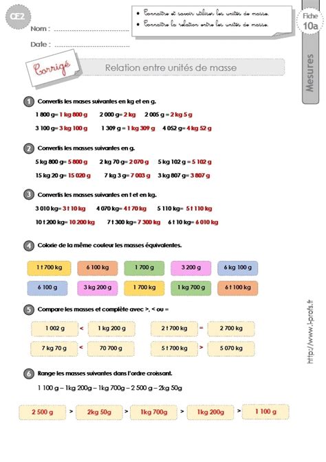 Ce Mesures Et Grandeurs Exercices Sur La Conversion Des Mesures De Masse