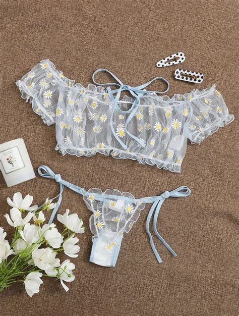 Conjunto De Lingerie De Malha Floral Bordado Sexy Para Mulheres Push Up