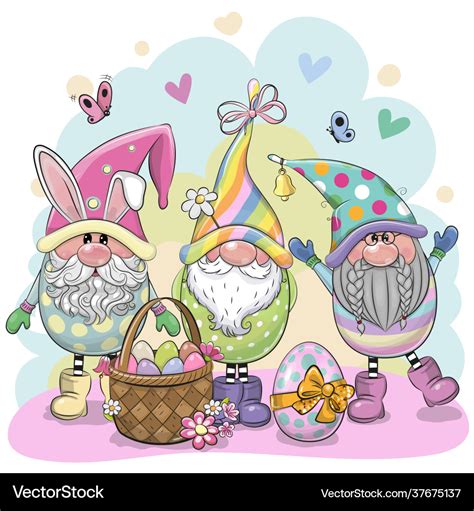 Three Cute Cartoon Easter Gnomes Royalty Free Vector Image