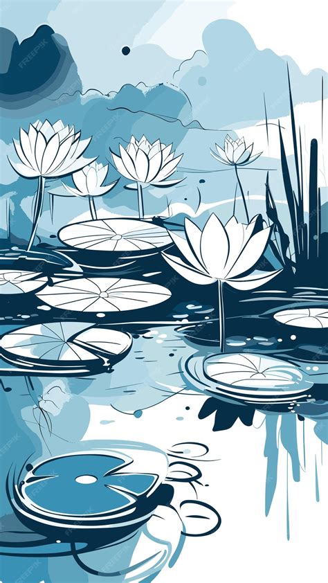 Premium Vector | Water lily in the pond drawing cartoon artwork vector