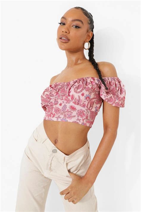 Paisley Print Puff Sleeve Crop Top Boohoo