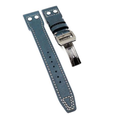 Mm Pilot Style Prussian Blue Calf Leather Watch Strap For Iwc Rivet