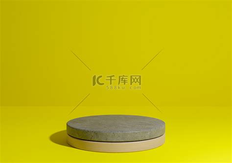 明亮的霓虹黄色 3d 渲染简单的产品展示，自然的最小背景，圆柱台架由混凝土和木材制成，用于天然产品高清摄影大图 千库网