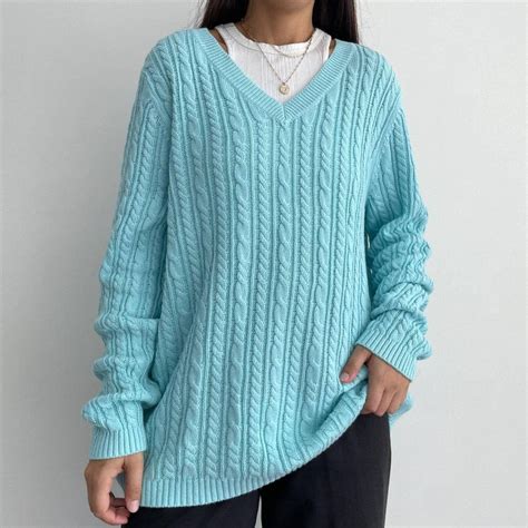 Croft And Barrow Blue Pullover Cable Knit Crew Depop