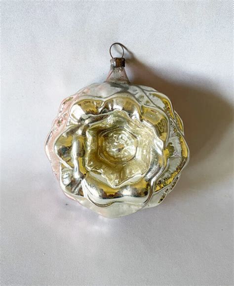 1900s German Floral Indent Christmas Ornament Large Pastel Silver Rose