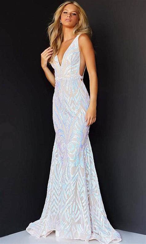 Jovani 02753 Plunging Neck Open Back Sequin Embellished Mermaid Gown