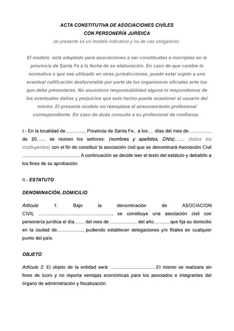 Acta Constitutiva Asociaciones Civiles Acta Constitutiva De