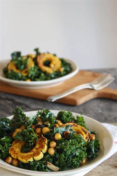 Delicata Squash Chickpea Kale Salad With Miso Harissa Dressing