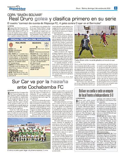 Sur Car va por la hazaña ante Cochabamba FC Periódico La Patria