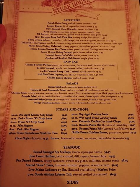 Menu at Roots Steakhouse, Morristown