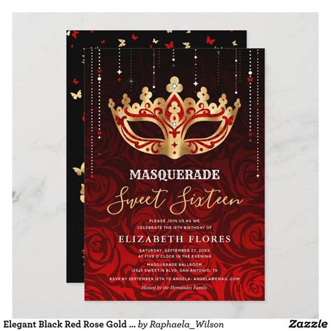 Elegant Black Red Rose Gold Masquerade Sweet Invitation Zazzle