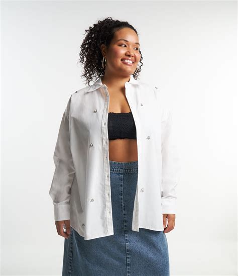 Camisa Em Tricoline Aplica O De Brilhos Curve Plus Size Branco Neve