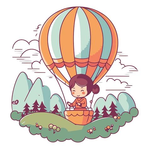 Premium Vector Girl In A Hot Air Balloon In The Field