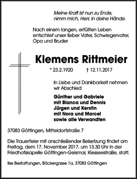 Traueranzeigen Von Klemens Rittmeier Trauer Anzeigen De