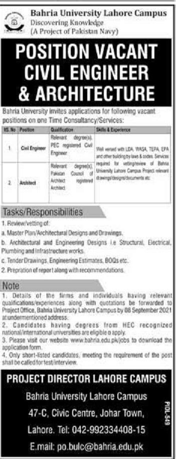 Bahria University Lahore Campus Jobs 2021 For Civil Engineer