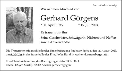 Traueranzeigen von Gerhard Görgens Aachen gedenkt