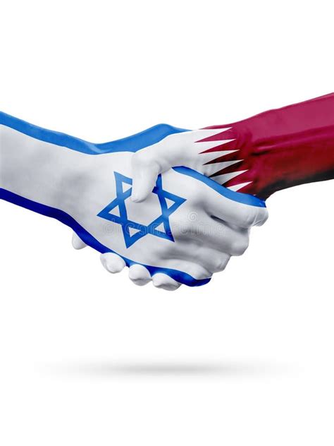 Flags Israel Qatar Countries Partnership Friendship Handshake Concept Stock Image Image Of