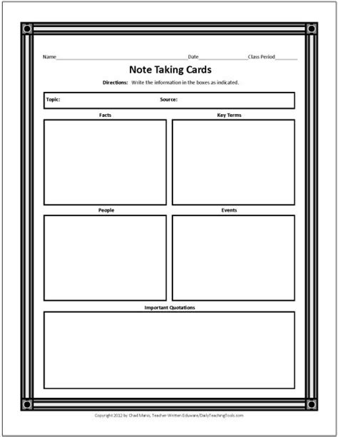 A Blank Note Taking Card Is Shown In Black And White With The Words