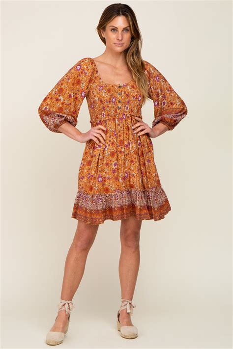 Rust Floral Paisley Smocked Button Front Back Cutout Dress Pinkblush