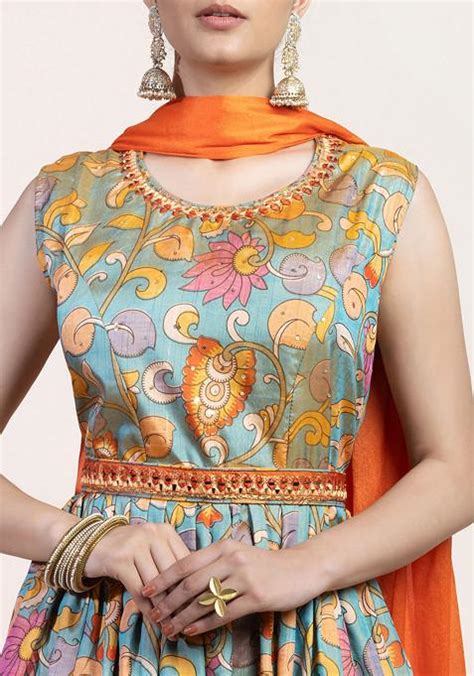 Buy Women Powder Blue Floral Print Embroidered Anarkali Kurta And