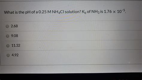 Solved What is the pH of a 0.25 M NH4Cl solution? Kb of NH3 | Chegg.com