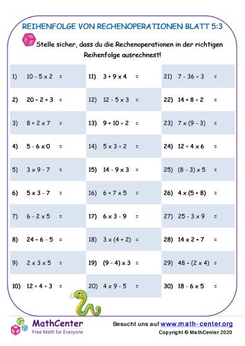 Reihenfolge Von Rechenoperationen Blatt Arbeitsbl Tter Math Center