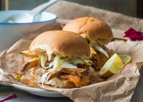 Fish And Chip Sandwiches With Orange Fennel Slaw Rhubarb And Cod