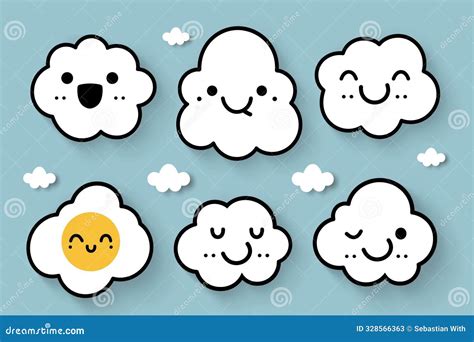 Cute Clouds with Smiling Faces on Blue Background Cartoon Style ...