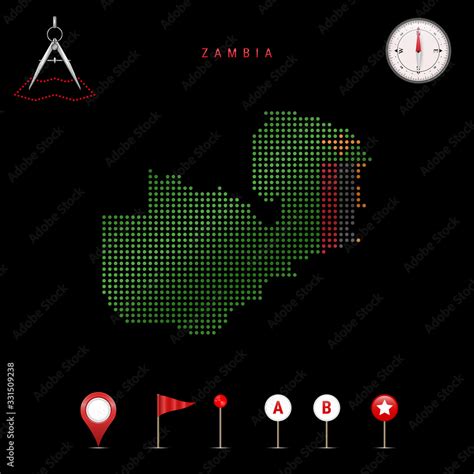 Dotted vector map of Zambia painted in the national flag colors. Waving ...