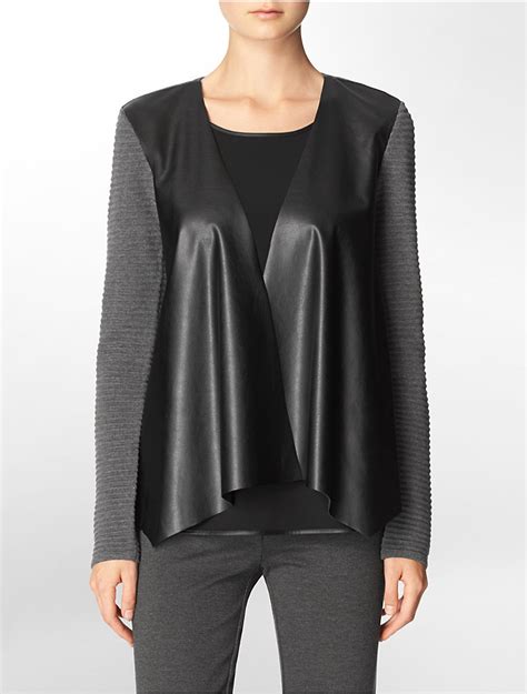 Calvin Klein Womens Faux Leather Rib Knit Flyaway Sweater Ebay